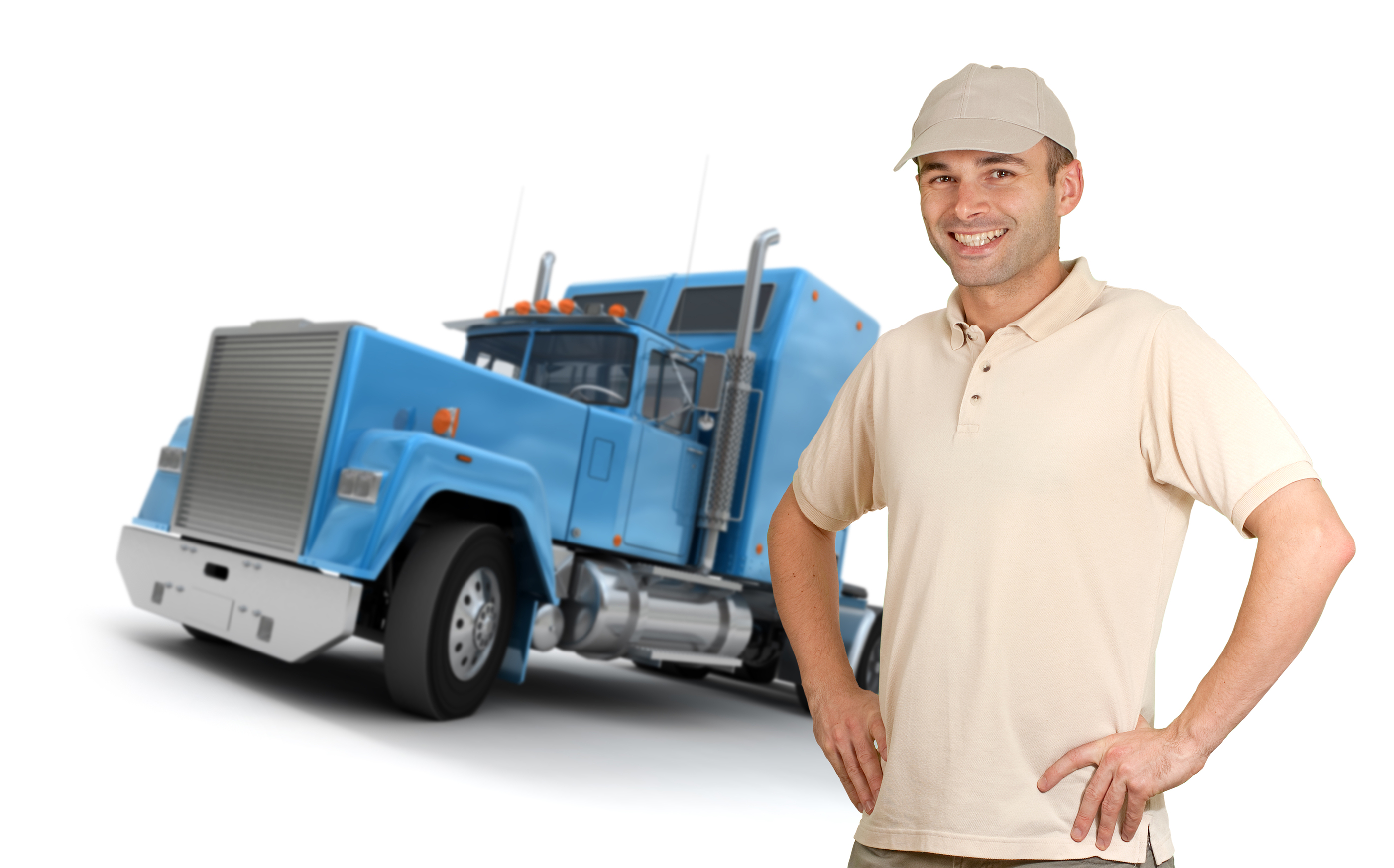 Isolated image of a man in front of a trailer truck